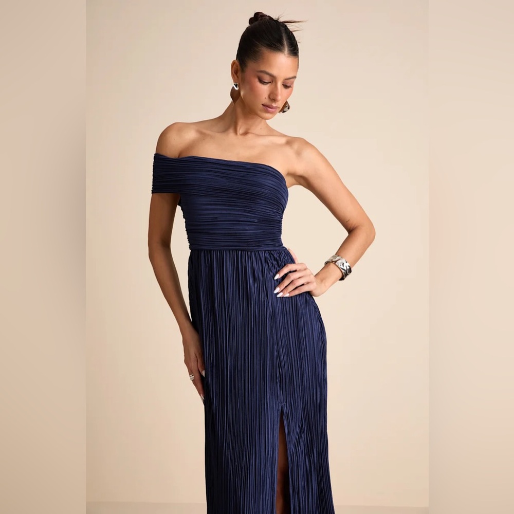 NWT - Poised Performance Navy Plisse One-Shoulder Maxi Dress